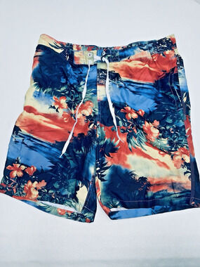 Merona Mens L Blue Orange Beach Aloha Floral Board Shorts Swim Trunks Drawstring